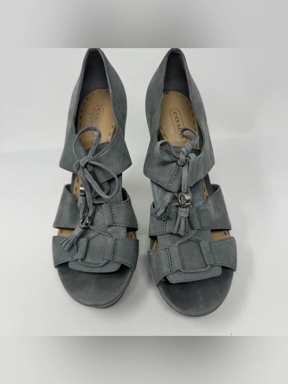Coach Teagan Size 8 Gray Seude Peep Toe Sandals Platform Heels Tie Up Tassel